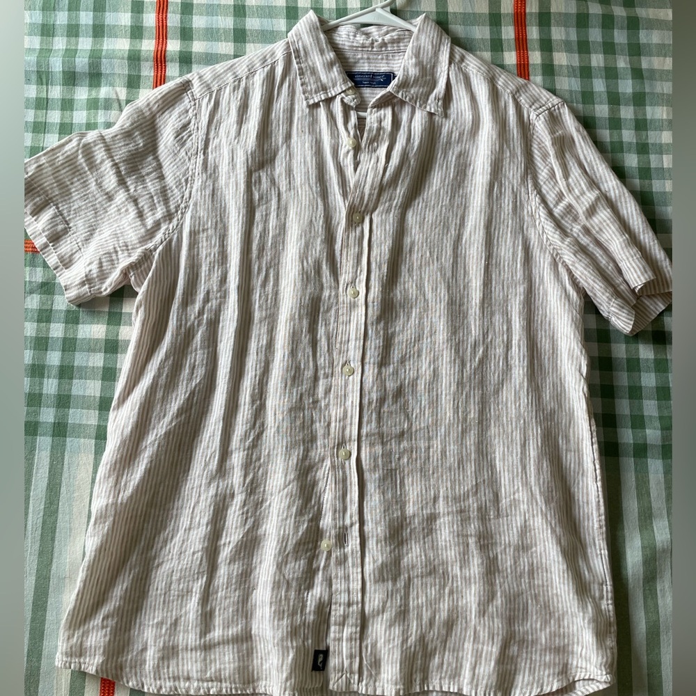 Vineyard Vines Linen Tan and White Casual Button Down Shirt | New / Unworn